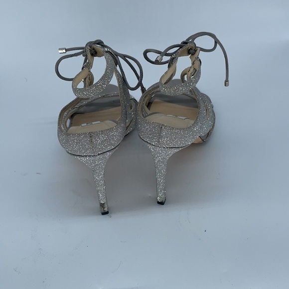 Jimmy Choo Silver Glitter Strappy rhinestone ankle tie peep toe heels 37 - Picture 6 of 9